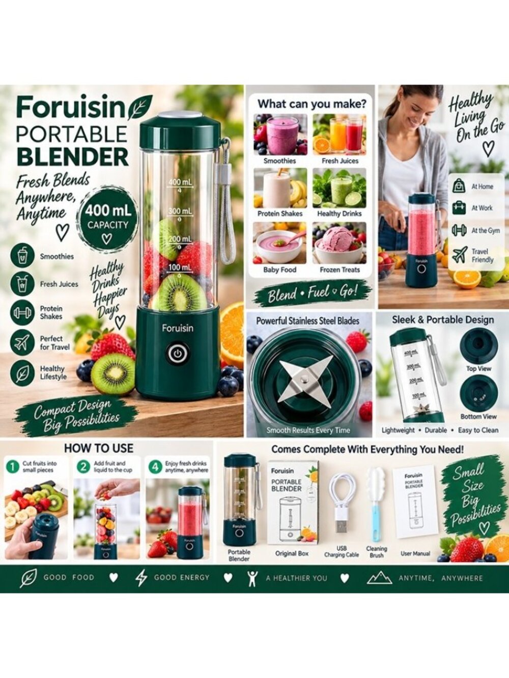 Foruisin Portable Blender Juicer 400mL USB Rechargeable Smoothie Maker Green